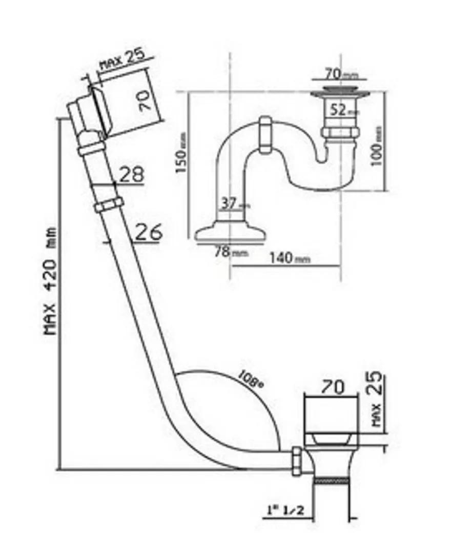 Ab und Überlauf System inkl. Siphon für Nostalgie Badewanne Sicilia, Toscane, San Sebastian, Roma - Altgold