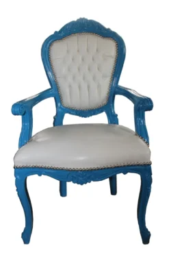 Barock Esszimmerstuhl Blau / Weiß Lederoptik mit Armlehnen