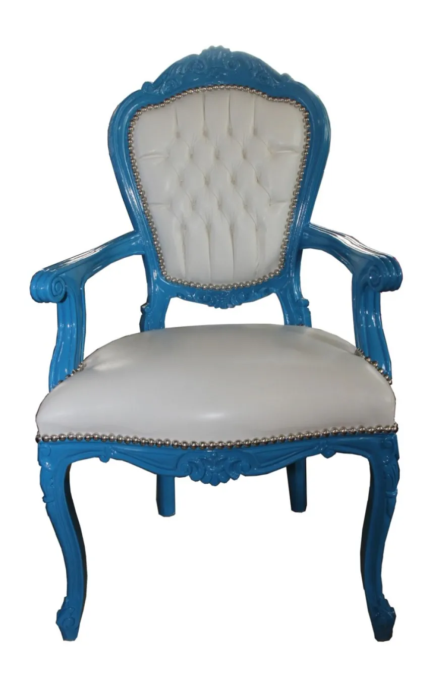 Barock Esszimmerstuhl Blau / Weiß Lederoptik mit Armlehnen