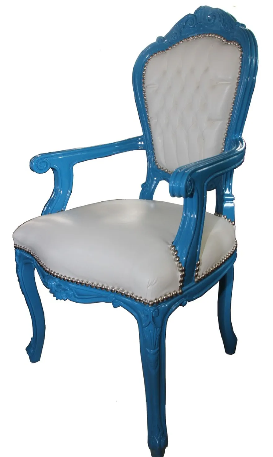 Barock Esszimmerstuhl Blau / Weiß Lederoptik mit Armlehnen
