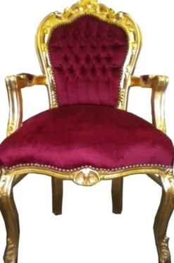 Barock Esszimmer Stuhl Bordeaux / Gold mit Armlehnen