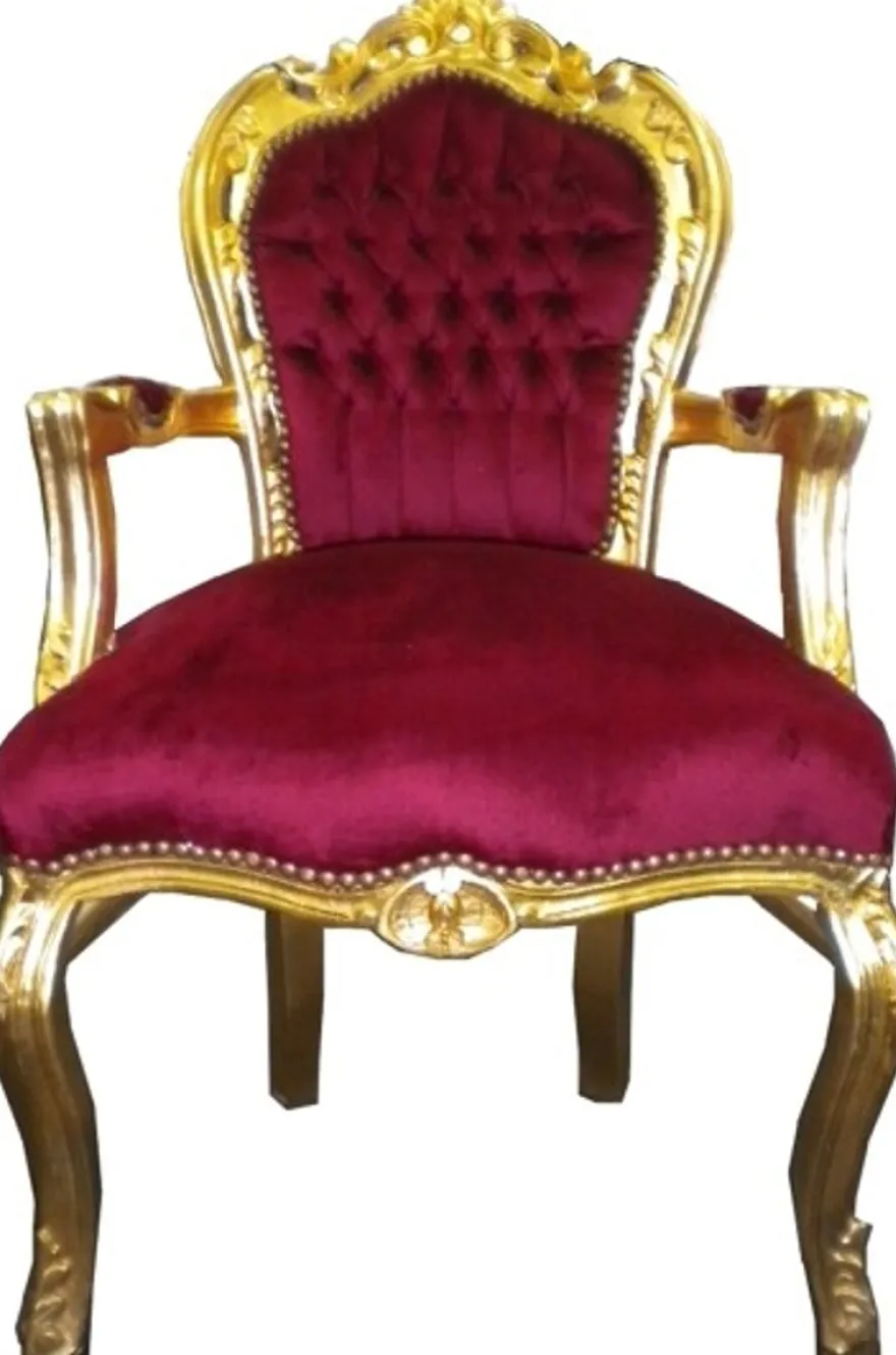 Barock Esszimmer Stuhl Bordeaux / Gold mit Armlehnen
