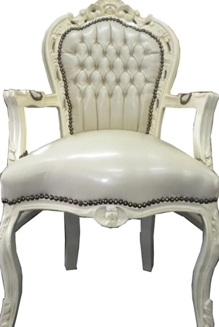 Barock Esszimmerstuhl Creme / Creme Lederoptik mit Armlehnen