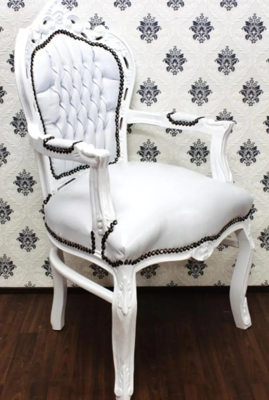 Barock Esszimmer Stuhl mit Armlehnen Weiß / Weiß