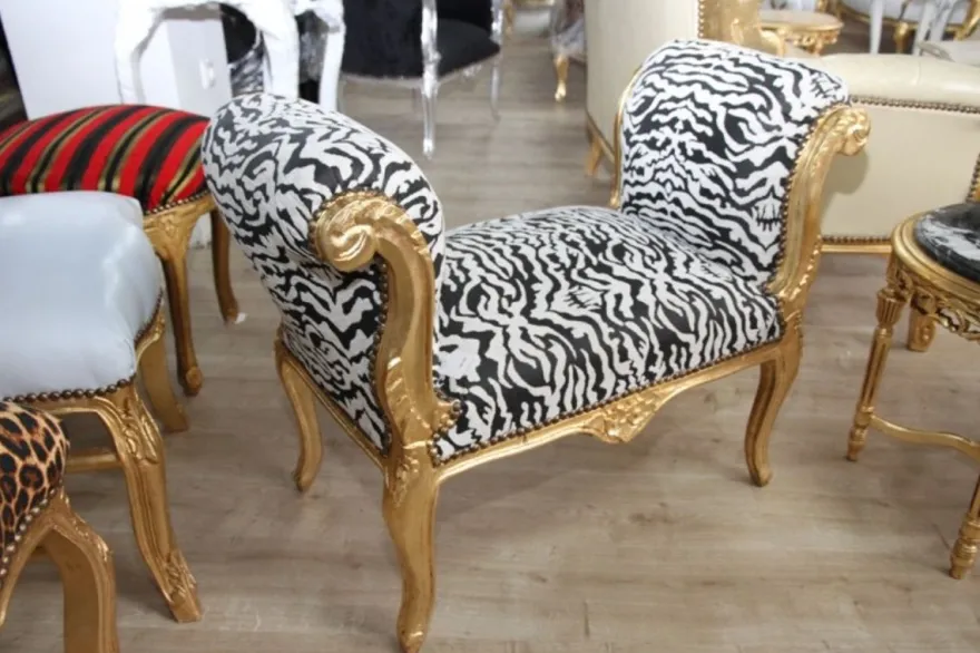 Barock Schemel Hocker Zebra / Gold - Sitzbank