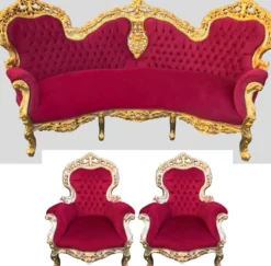 Barock Sofa Garnitur Bordeaux Muster / Gold + 2 Sessel - Wohnzimmer Barock