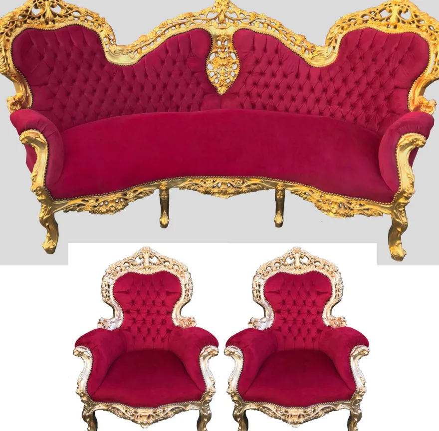 Barock Sofa Garnitur Bordeaux Muster / Gold + 2 Sessel - Wohnzimmer Barock