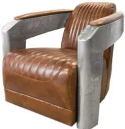 Casa Padrino Art Deco Aluminium Echtleder Sessel Braun / Silber 74,5 x 94 x H. 78 cm - Club Sessel - Lounge Sessel - Flugzeug Flieger Möbel