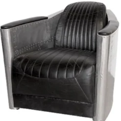 Casa Padrino Art Deco Aluminium Echtleder Sessel Schwarz / Silber 74,5 x 94 x H. 78 cm - Club Sessel - Lounge Sessel - Flugzeug Flieger Möbel