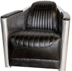 Casa Padrino Art Deco Aluminium Echtleder Sessel Schwarz / Silber 74,5 x 94 x H. 78 cm - Club Sessel - Lounge Sessel - Flugzeug Flieger Möbel