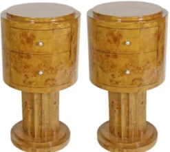 Casa Padrino Art Deco Beistelltisch Set Hellbraun Ø 40 x H. 75 cm - Runde Wurzelholz Beistelltische mit 2 Schubladen - Luxus Qualität