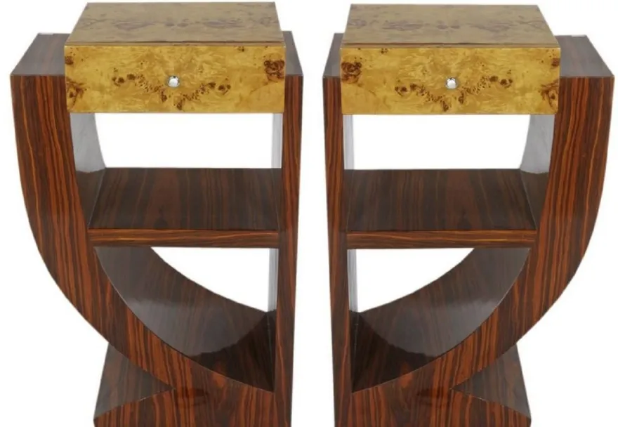 Casa Padrino Art Deco Beistelltisch Set Braun / Hellbraun 50 x 40 x H. 75 cm - Mahagoni & Wurzelholz Beistelltische mit Schublade - Nachttische - Luxus Qualität