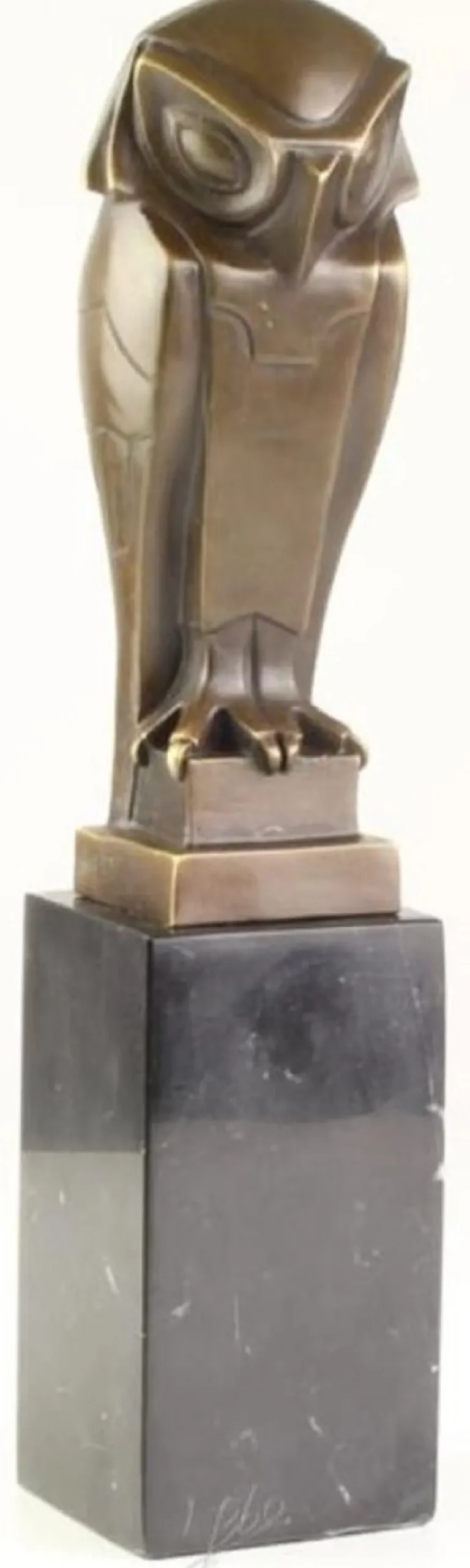 Casa Padrino Art Deco Bronzefigur Eule Bronze / Gold / Schwarz 7,8 x 8,4 x H. 32,7 cm - Deko Skulptur mit Marmorsockel