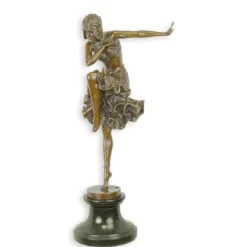 Casa Padrino Art Deco Bronze Skulptur Tänzerin Bronzefarben / Grün 19,8 x 32,7 x H. 67,2 cm - Bronzefigur mit Marmorsockel - Luxus Deko