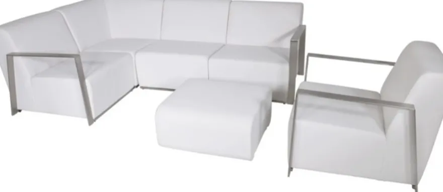 Casa Padrino Art Deco Designer Garten Möbel Set Weiß - Luxuriöse Loungegruppe aus Aluminium und Sunbrella Stoff - Eckbank, Sessel und Tisch