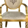 Casa Padrino Art Deco Esszimmerstuhl Cremefarben / Gold - Massivholz Stuhl mit Armlehnen und elegantem Muster - Art Deco Esszimmer Möbel