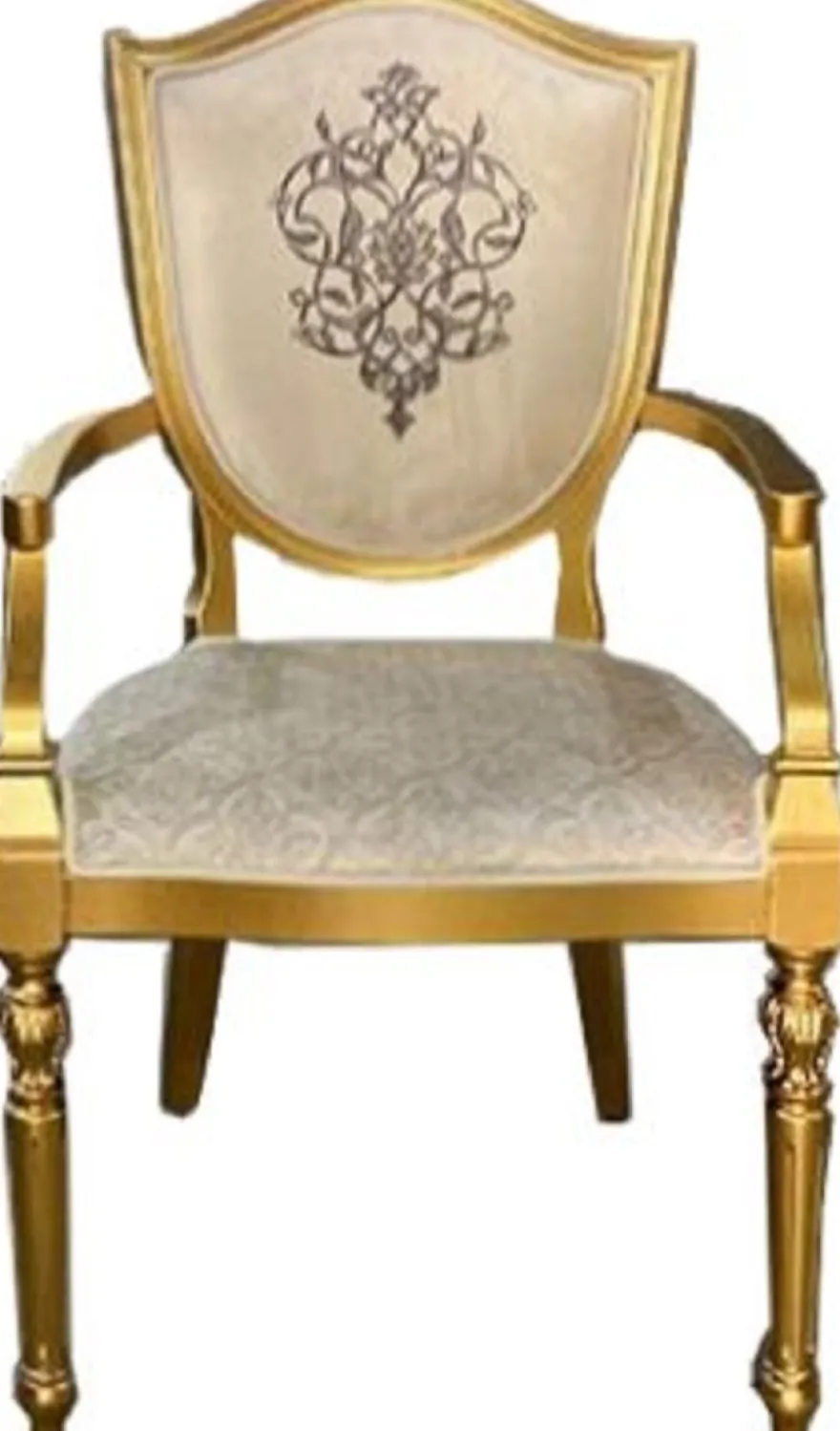 Casa Padrino Art Deco Esszimmerstuhl Cremefarben / Gold - Massivholz Stuhl mit Armlehnen und elegantem Muster - Art Deco Esszimmer Möbel