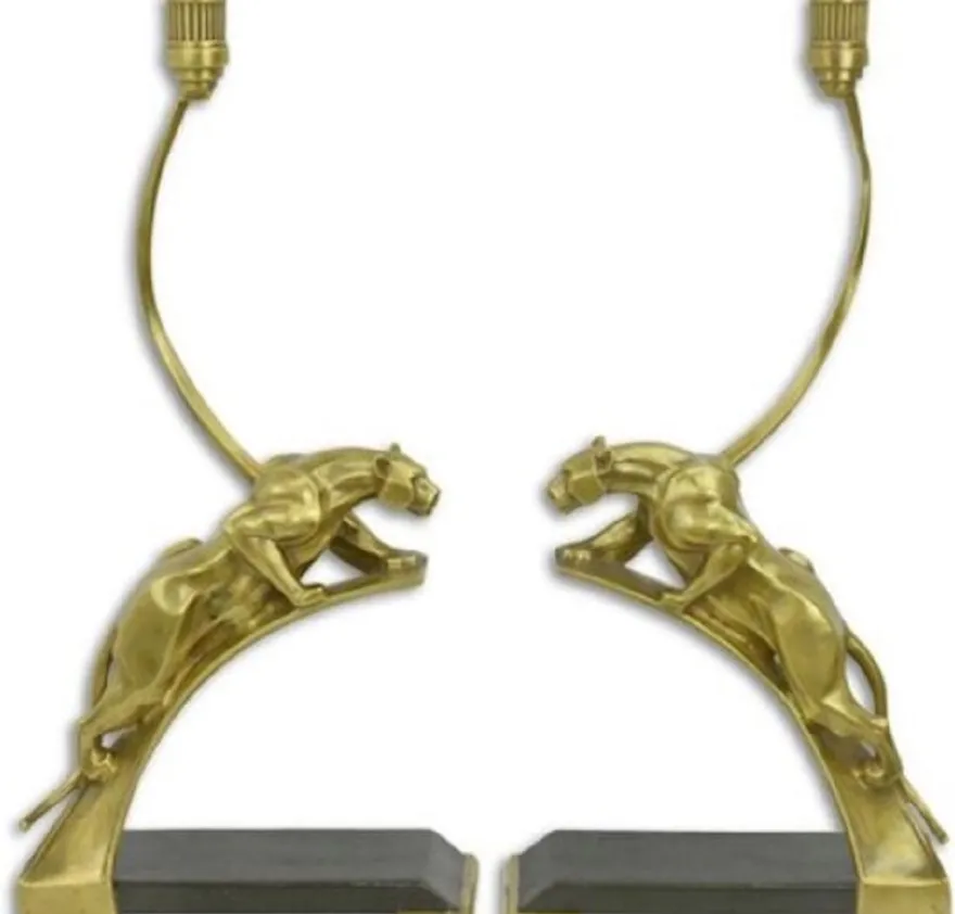 Casa Padrino Art Deco Kerzenhalter Set Panther Gold / Schwarz 23,4 x 11,8 x H. 47,4 cm - Elegante Bronze Kerzenständer - Deko Accessoires