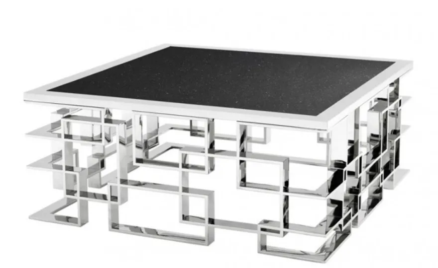 Casa Padrino Art Deco Luxus Couchtisch mit Granitplatte, polierter Edelstahl, 100 x 100 x H. 45 cm