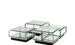 Casa Padrino Art Deco Luxus Couchtisch 4er Set, Wohnzimmer Tisch aus poliertem Edelstahl und schwarzem Spiegelglas 65 x 65 x H. 40 cm