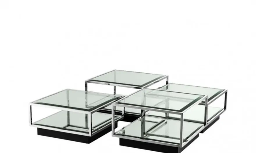 Casa Padrino Art Deco Luxus Couchtisch 4er Set, Wohnzimmer Tisch aus poliertem Edelstahl und schwarzem Spiegelglas 65 x 65 x H. 40 cm