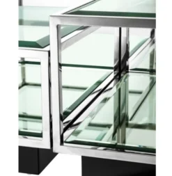 Casa Padrino Art Deco Luxus Couchtisch 4er Set, Wohnzimmer Tisch aus poliertem Edelstahl und schwarzem Spiegelglas 65 x 65 x H. 40 cm