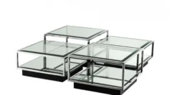 Casa Padrino Art Deco Luxus Couchtisch 4er Set, Wohnzimmer Tisch aus poliertem Edelstahl und schwarzem Spiegelglas 65 x 65 x H. 40 cm