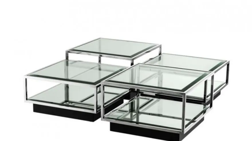 Casa Padrino Art Deco Luxus Couchtisch 4er Set, Wohnzimmer Tisch aus poliertem Edelstahl und schwarzem Spiegelglas 65 x 65 x H. 40 cm