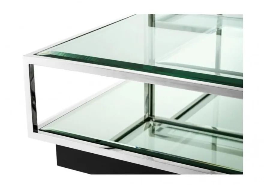 Casa Padrino Art Deco Luxus Couchtisch 4er Set, Wohnzimmer Tisch aus poliertem Edelstahl und schwarzem Spiegelglas 65 x 65 x H. 40 cm