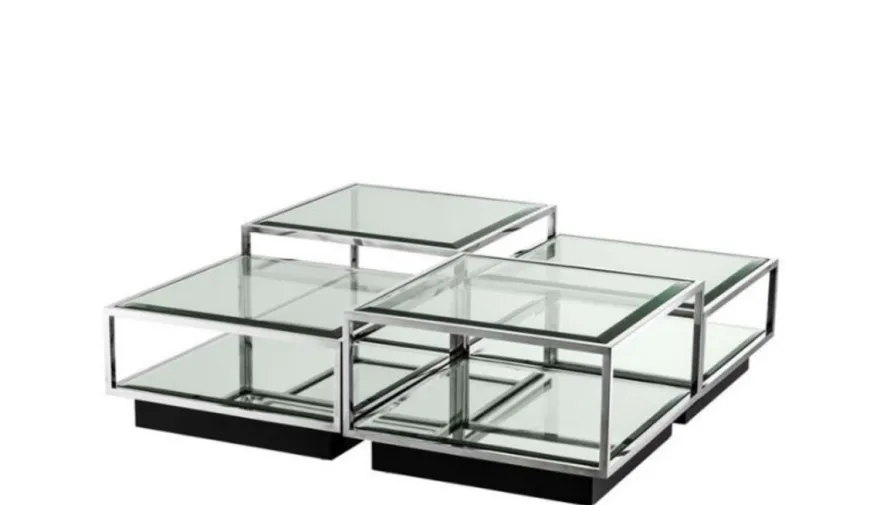Casa Padrino Art Deco Luxus Couchtisch 4er Set, Wohnzimmer Tisch aus poliertem Edelstahl und schwarzem Spiegelglas 65 x 65 x H. 40 cm