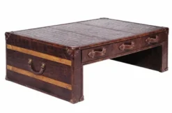 Casa Padrino Art Deco Luxus Echtleder Couchtisch in Croco Optik Braun L132 x B83 x H45 cm - Echt Leder Vintage Look