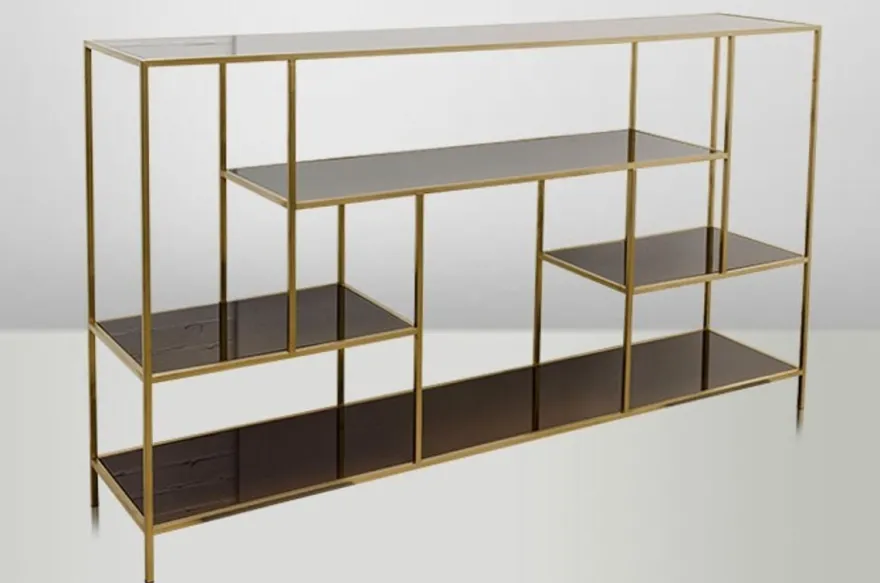 Casa Padrino Art Deco Luxus Regal Schrank Edelstahl Gold mit getönten Glasböden H108 x 190 x 40 cm
