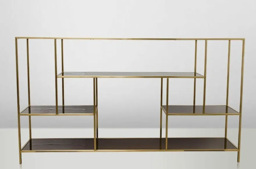 Casa Padrino Art Deco Luxus Regal Schrank Edelstahl Gold mit getönten Glasböden H108 x 190 x 40 cm