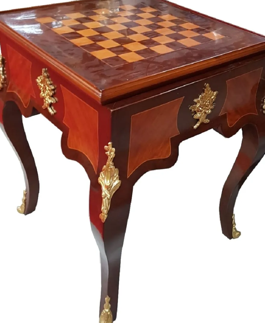 Casa Padrino Art Deco Massivholz Schachtisch Braun / Dunkelbraun / Beige / Messing 60 x 60 x H. 71 cm - Handgefertigter Spieltisch - Beistelltisch - Antik Stil Barock Möbel