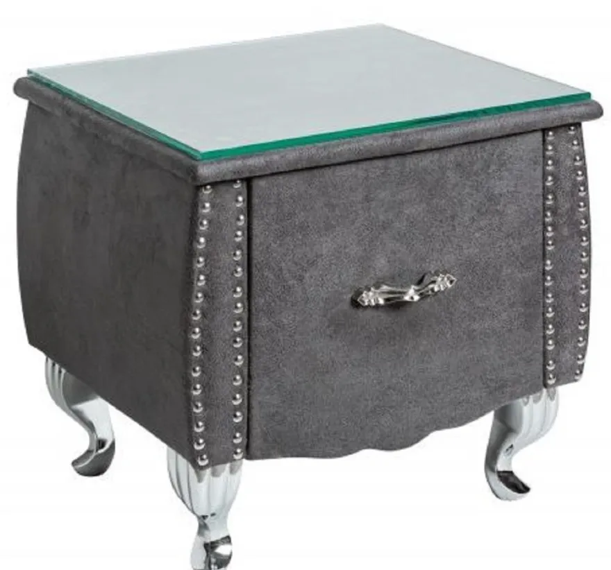 Casa Padrino Art Deco Nachttisch mit Schublade und Glasplatte Antik Grau / Silber 47 x 41 x H. 45 cm - Schlafzimmermöbel