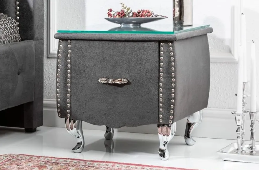 Casa Padrino Art Deco Nachttisch mit Schublade und Glasplatte Antik Grau / Silber 47 x 41 x H. 45 cm - Schlafzimmermöbel