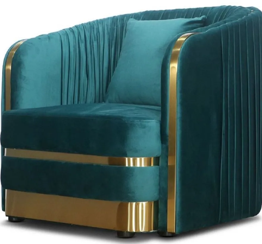 Casa Padrino Art Deco Samt Sessel Grünblau / Gold 80 x 78 x H. 80 cm - Wohnzimmer Sessel - Art Deco Wohnzimmer Möbel