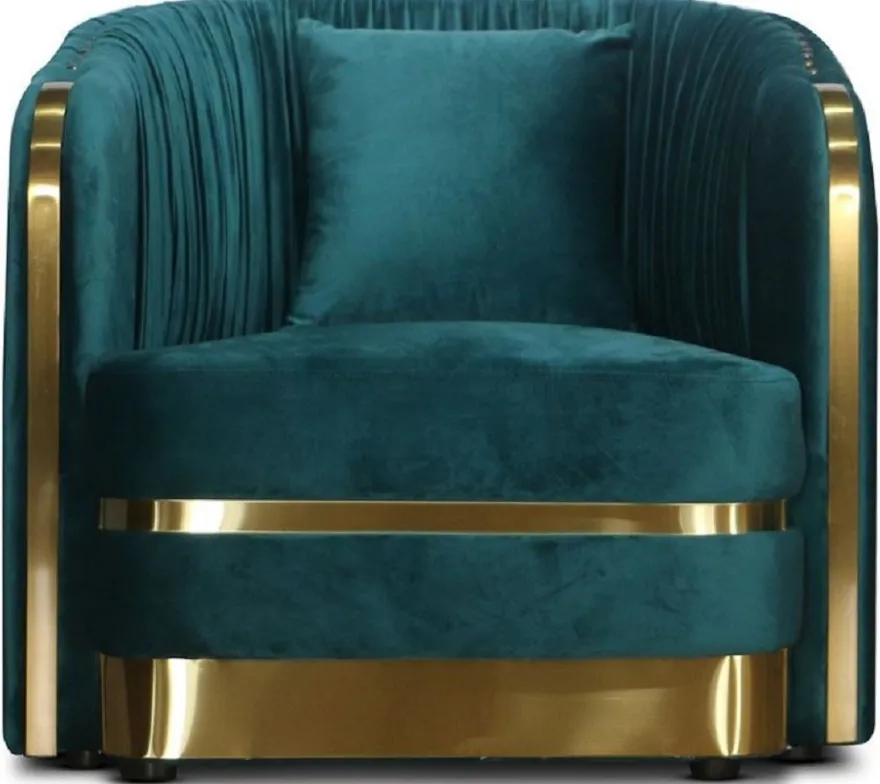 Casa Padrino Art Deco Samt Sessel Grünblau / Gold 80 x 78 x H. 80 cm - Wohnzimmer Sessel - Art Deco Wohnzimmer Möbel