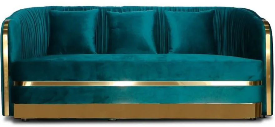 Casa Padrino Art Deco Samt Sofa Grünblau / Gold 180 x 78 x H. 80 cm - Wohnzimmer Sofa - Art Deco Wohnzimmer Möbel