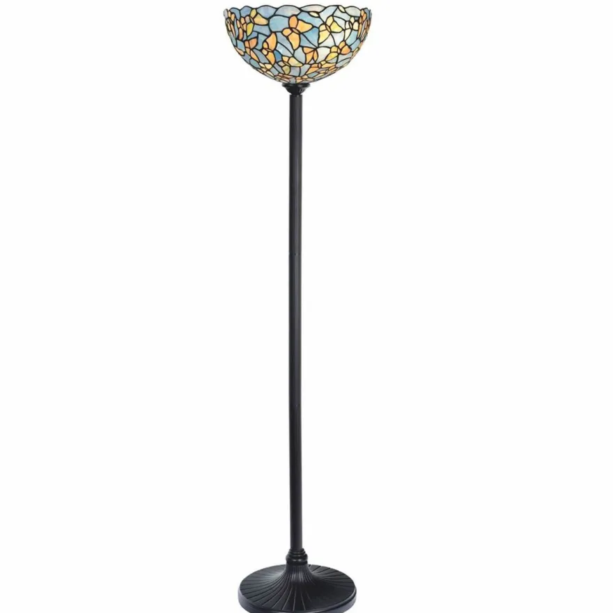 Casa Padrino Art Deco Tiffany Stehleuchte Blau / Gelb / Schwarz H. 147 cm - Tiffany Leuchten