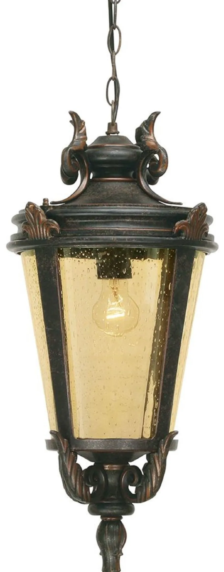 Casa Padrino Barock Außenhängeleuchte Antik Schwarz / Bronze / Bernsteinfarben Ø 28 x H. 56 cm - Nostalgische Balkon Garten Terrassen Außenleuchte - Nostalgische Außenbeleuchtung