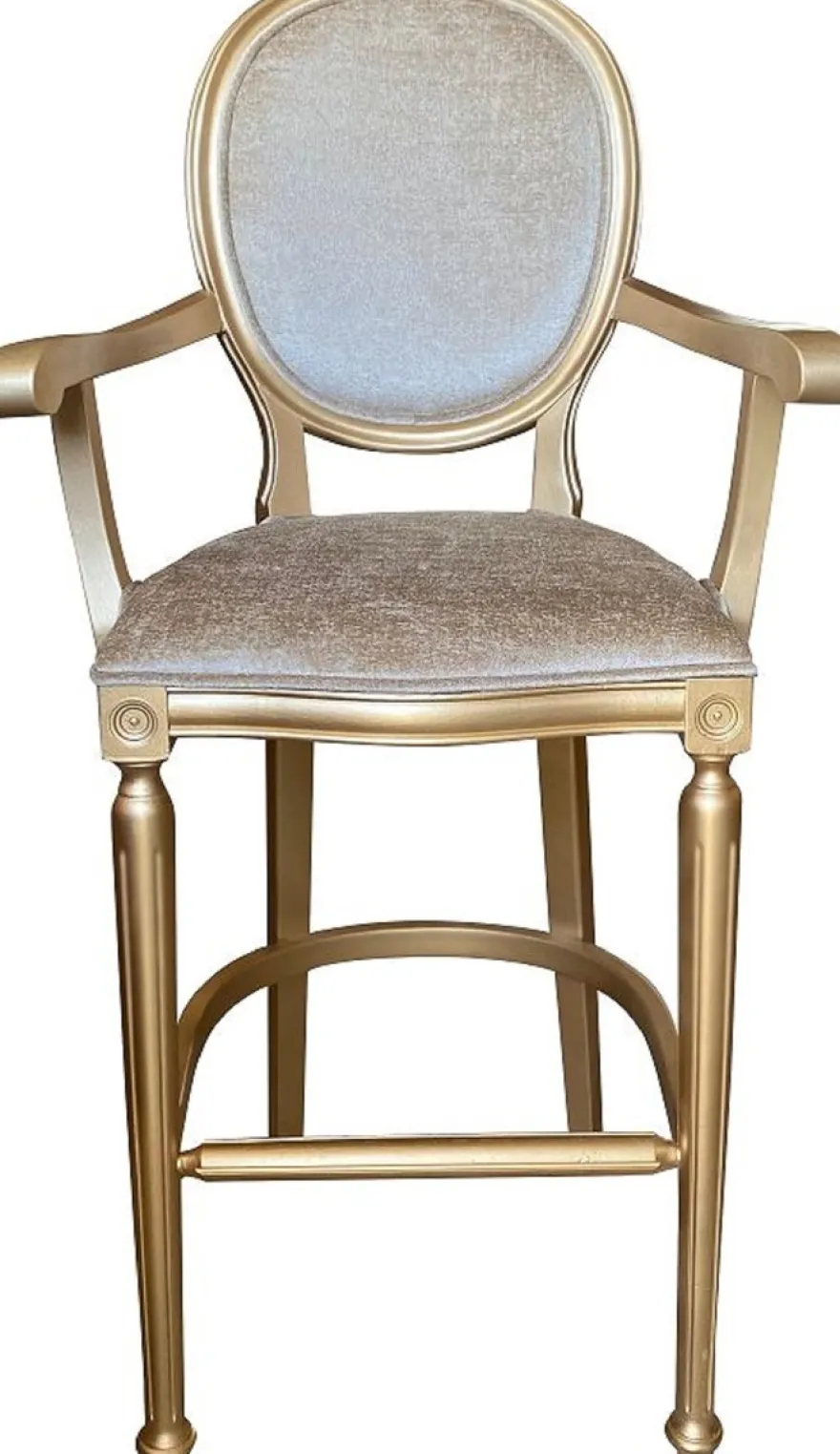 Casa Padrino Barock Barstuhl mit Armlehnen Gold / Gold - Massivholz Antik Stil Barhocker mit Samtstoff - Handgefertigte Barock Barmöbel