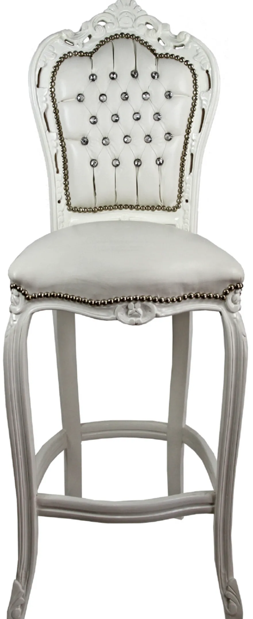 Casa Padrino Barock Barstuhl mit Kunstleder und Glitzersteinen Creme / Weiß 60 x 55 x H. 146 cm - Handgefertigter Hochstuhl - Barhocker - Barock Barmöbel