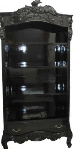 Casa Padrino Barock Bücherschrank Schwarz / Silber Hochglanz B 85 x H 190 cm - Massivholz Luxus Regal