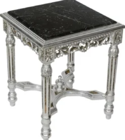 Casa Padrino Barock Beistelltisch Silber / Schwarz - Handgefertigter Massivholz Tisch mit Marmorplatte - Barock Wohnzimmer Möbel