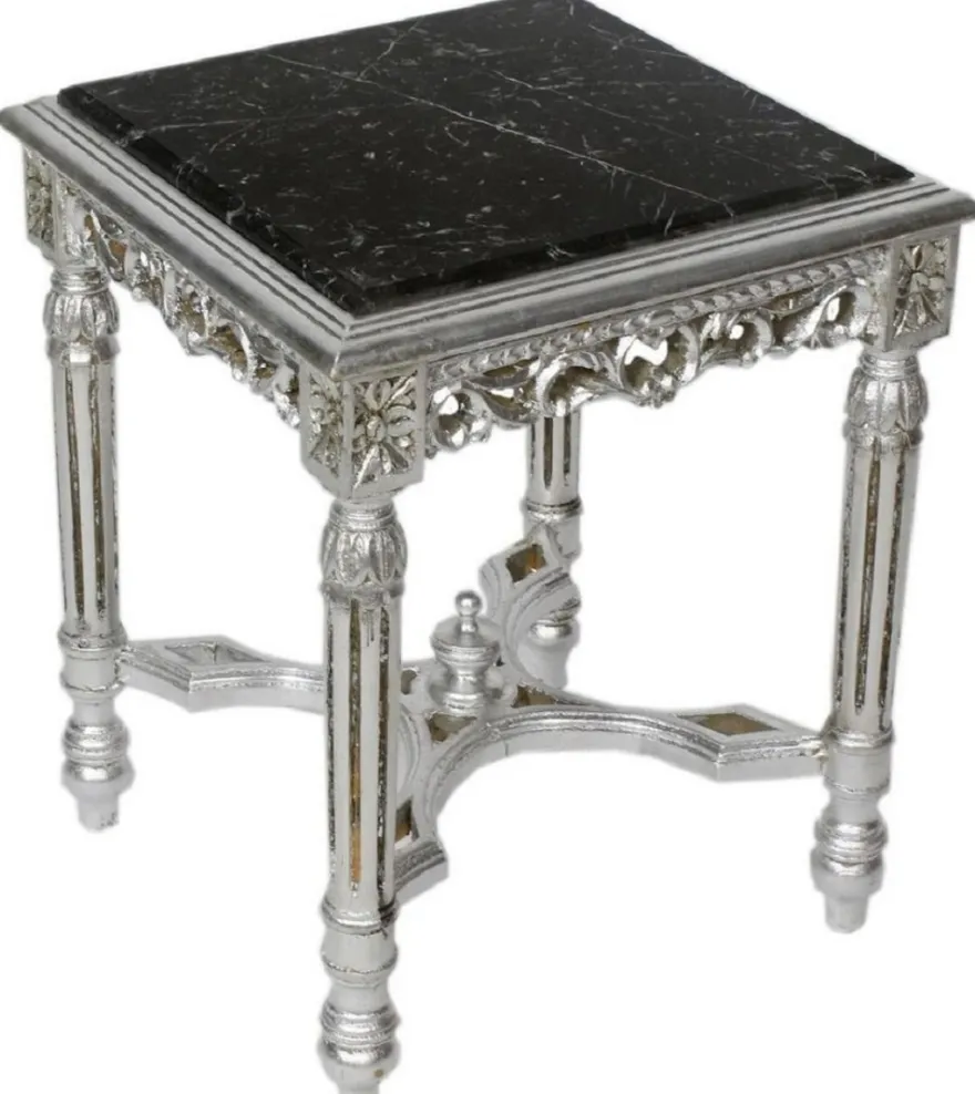 Casa Padrino Barock Beistelltisch Silber / Schwarz - Handgefertigter Massivholz Tisch mit Marmorplatte - Barock Wohnzimmer Möbel