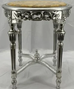 Casa Padrino Barock Beistelltisch Silber / Creme - Handgefertigter Antik Stil Massivholz Tisch mit Marmorplatte - Wohnzimmer Möbel im Barockstil - Antik Stil Möbel - Barock Einrichtung - Barock Möbel