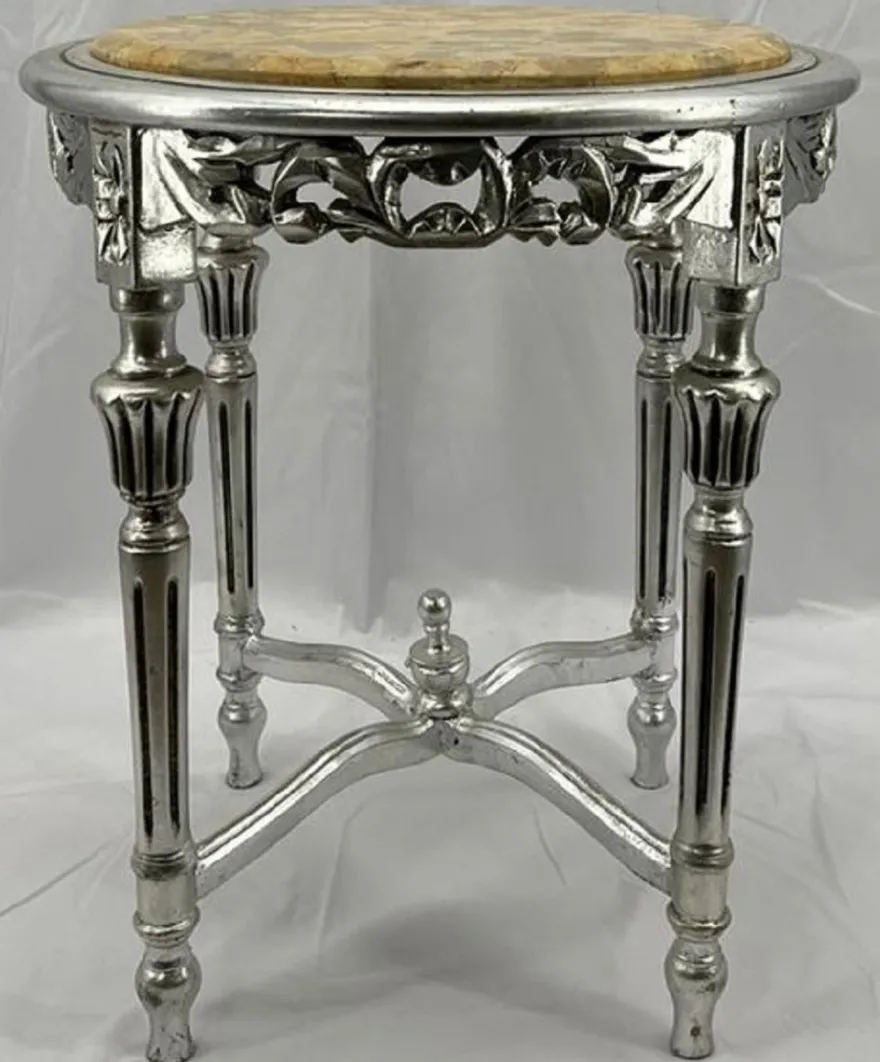 Casa Padrino Barock Beistelltisch Silber / Creme - Handgefertigter Antik Stil Massivholz Tisch mit Marmorplatte - Wohnzimmer Möbel im Barockstil - Antik Stil Möbel - Barock Einrichtung - Barock Möbel