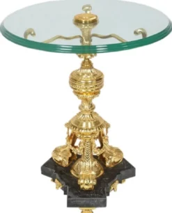 Casa Padrino Barock Beistelltisch Gold / Schwarz Ø 53 x H. 67 cm - Runder vergoldeter Bronze Tisch mit Glasplatte und Marmorsockel - Barock Wohnzimmer Möbel