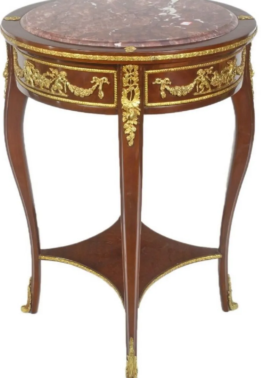 Casa Padrino Barock Beistelltisch mit Marmorplatte Braun / Gold / Rot Ø 45 x H. 75 cm - Runder Tisch im Barockstil - Barock Möbel
